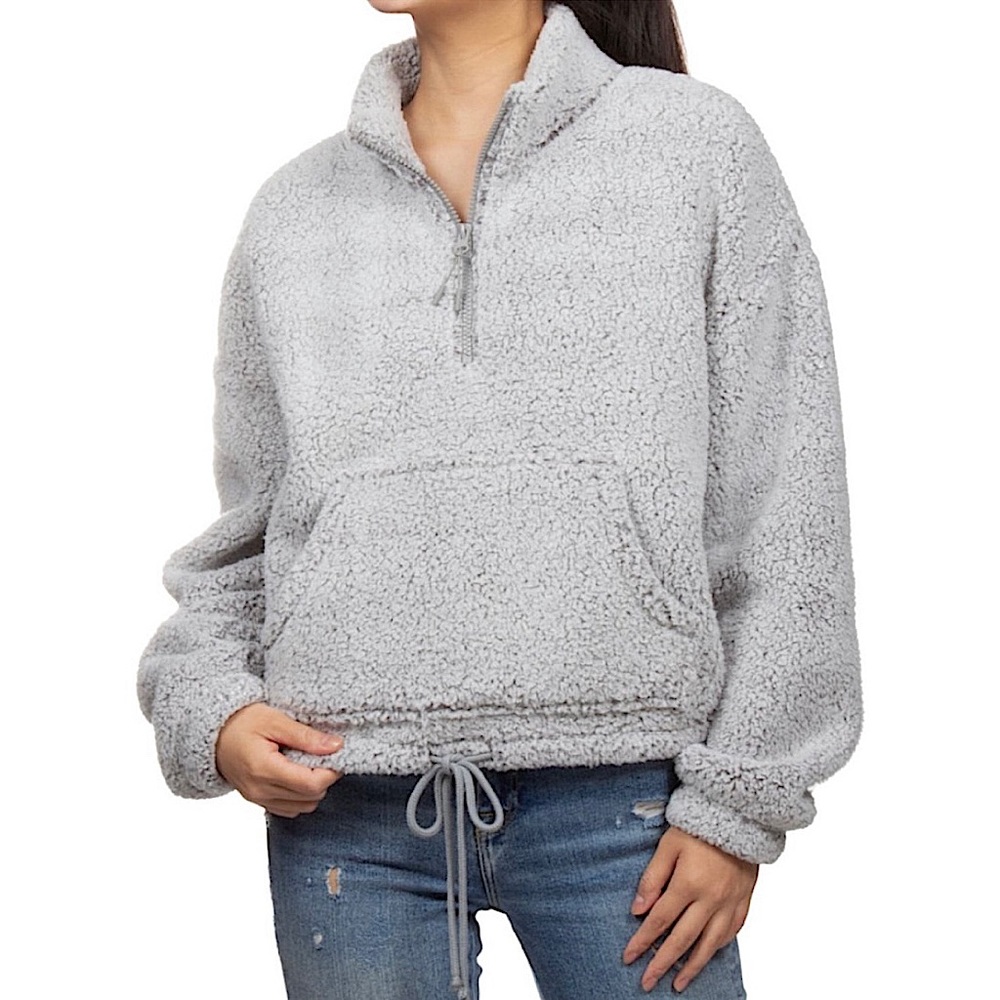 Hippie Rose Soft Gray Sherpa Teddy Quarter Zip Pullover Sweatshirt Small - Picture 1 of 10